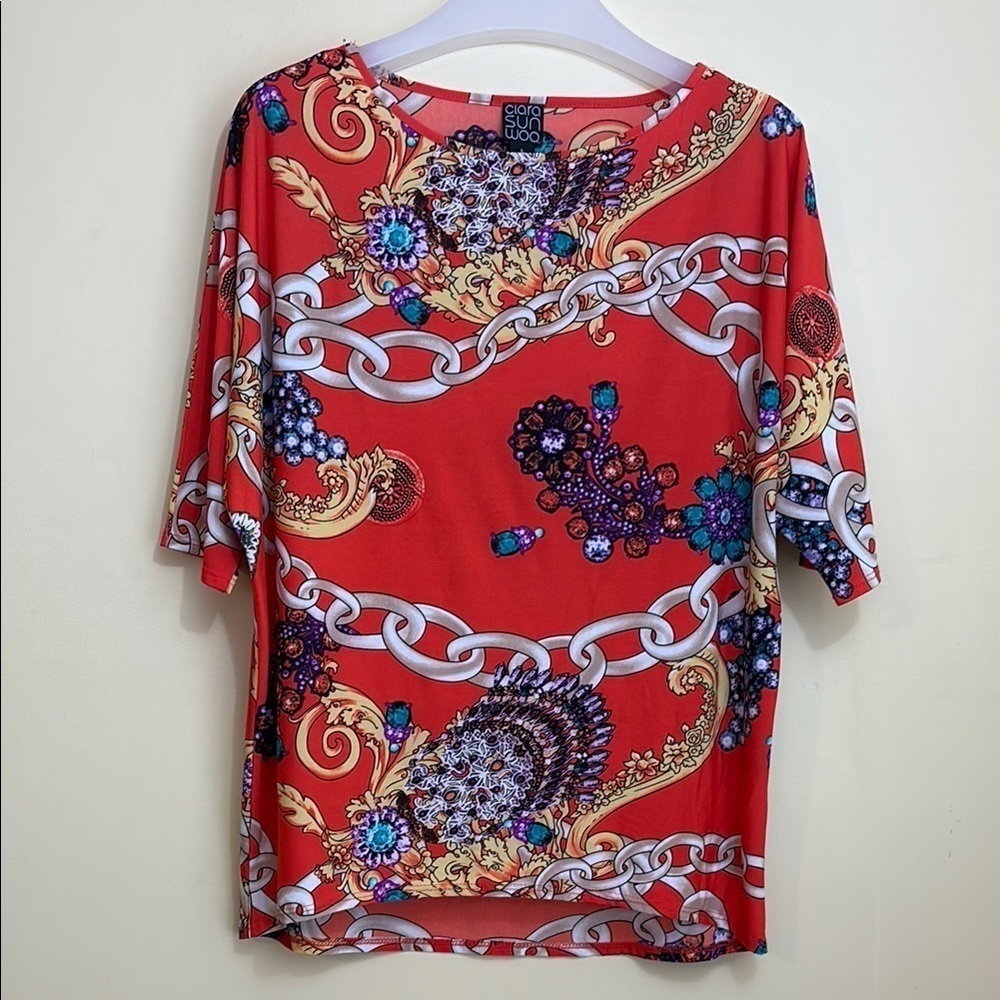 Clara Sunwoo | Red Chain Jewel Bat Sleeve Hi Low Round Neck Peep Cutout Top S